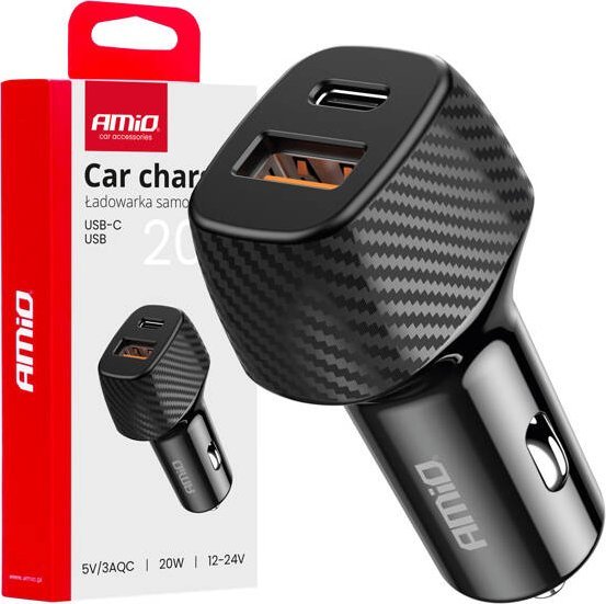 Ładowarka samochodowa QC+PD 20W USB-A + USB-C AMIO-04282