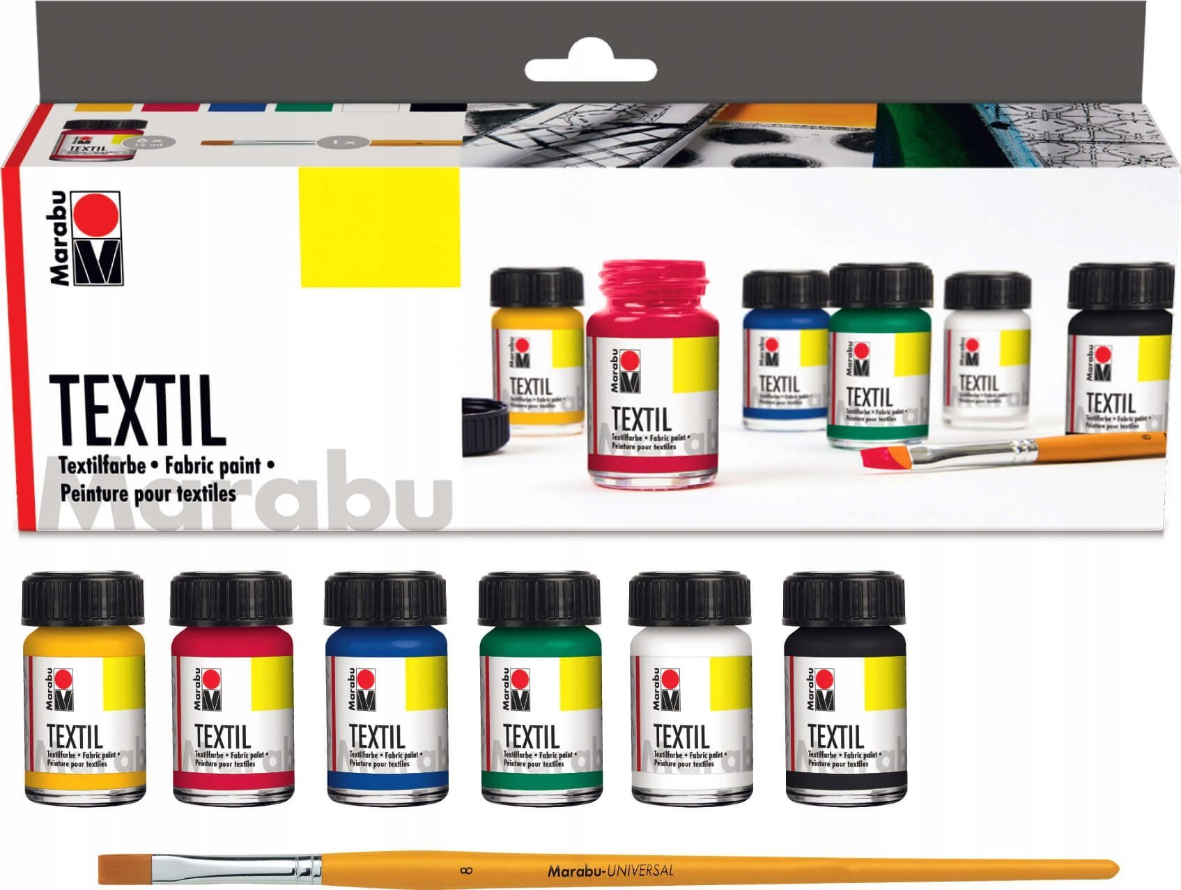 Vrige Marabu 1716000000087, Black, Blue, Green, Red, White, Yellow, Textile paint, liquid, 90 ml, 6 pc(s)