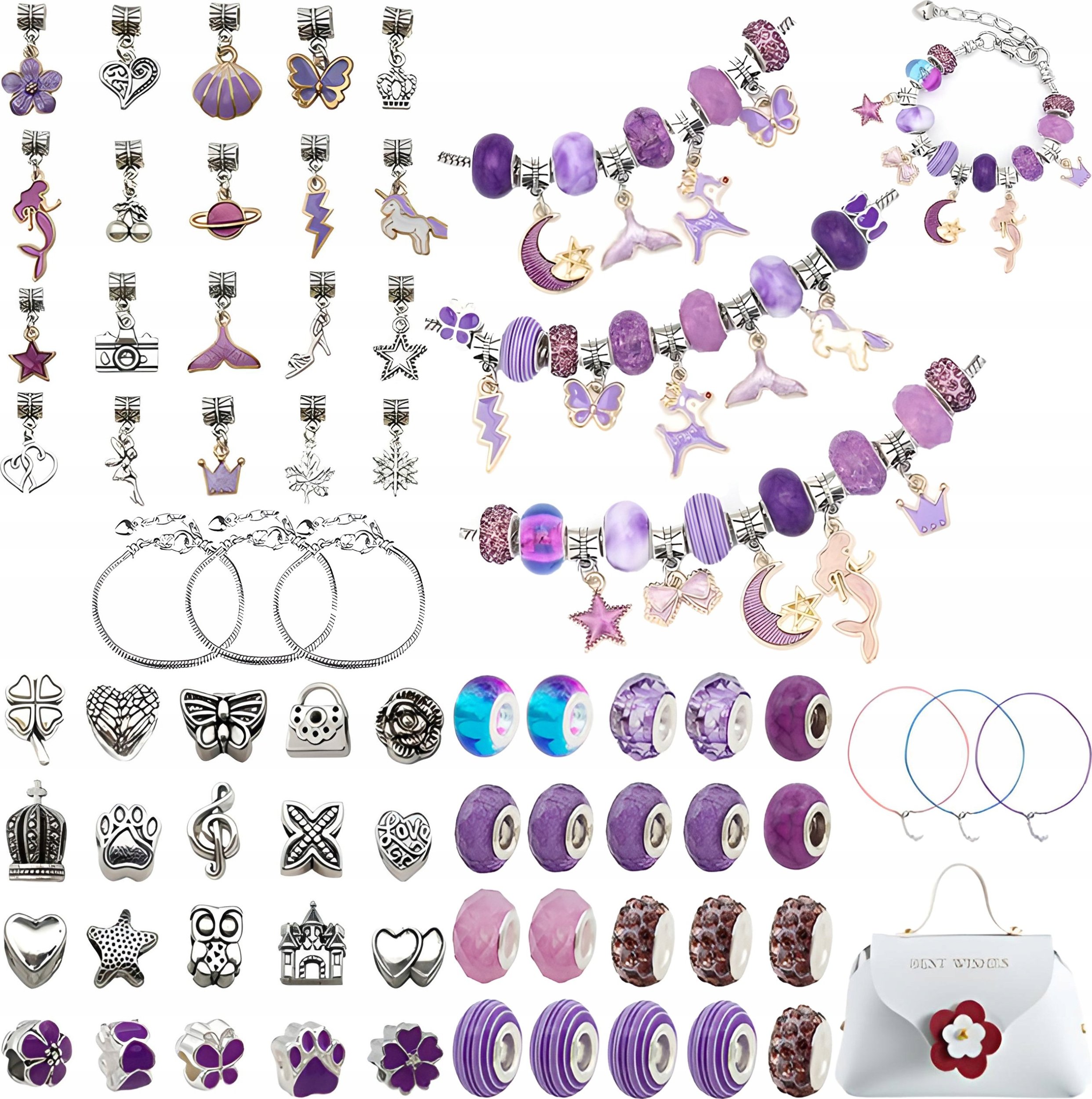 Zestaw Do Tworzenia Robienia Biżuterii, Bransoletek, Charmsy, Zawieszki, Koraliki 66el. ODCIENIE FIOLETU + Kosmetyczka