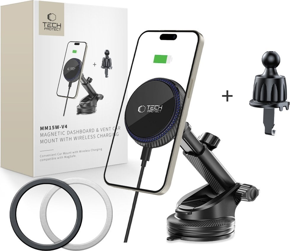 TECH-PROTECT MM15W-V4 MAGNETIC MAGSAFE DASHBOARD & VENT CAR MOUNT WIRELESS CHARGER 15W BLACK