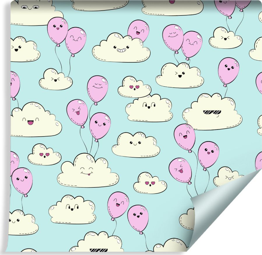 Muralo Tapeta Dla Dzieci - Wesołe Chmurki i Różowe Baloniki