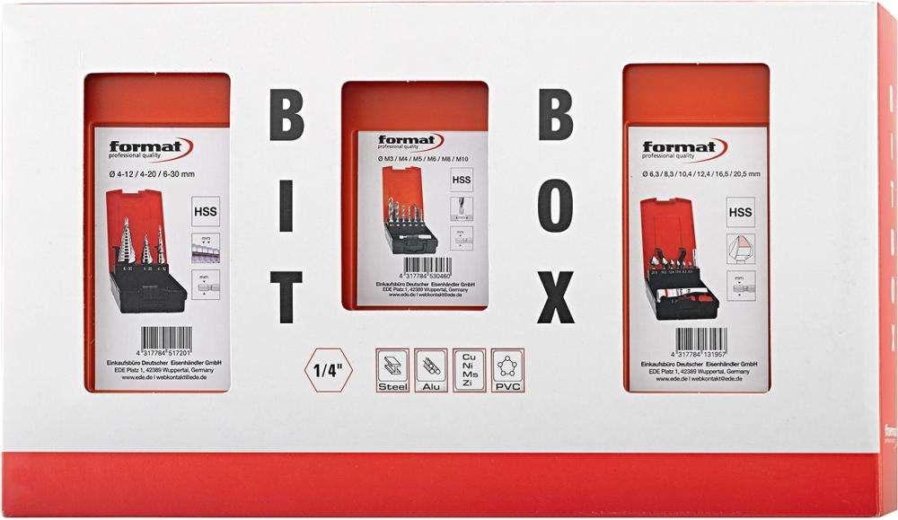Zestaw do obróbkimetali "BIT BOX"1/4" STB+ pogł.stoż.+wiertło kombi 15-cz., HSS, FORMAT