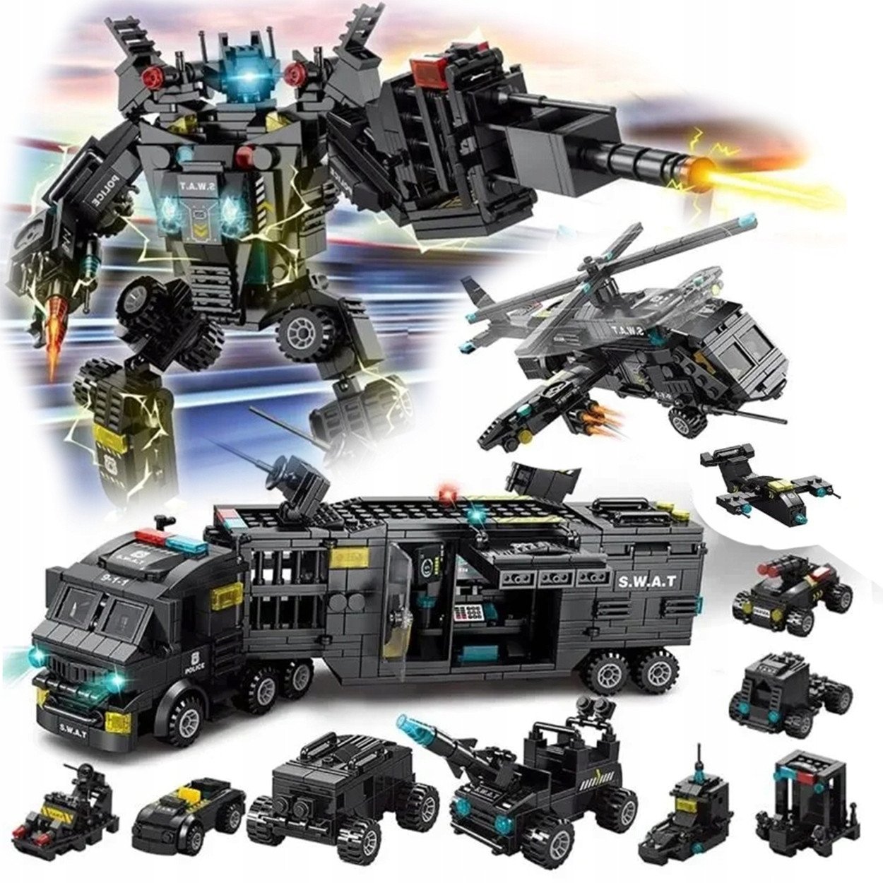 Zestaw KLOCKÓW POLICYJNYCH KONSTRUKCYJNE dla dzieci Helikopter Robot 585 el