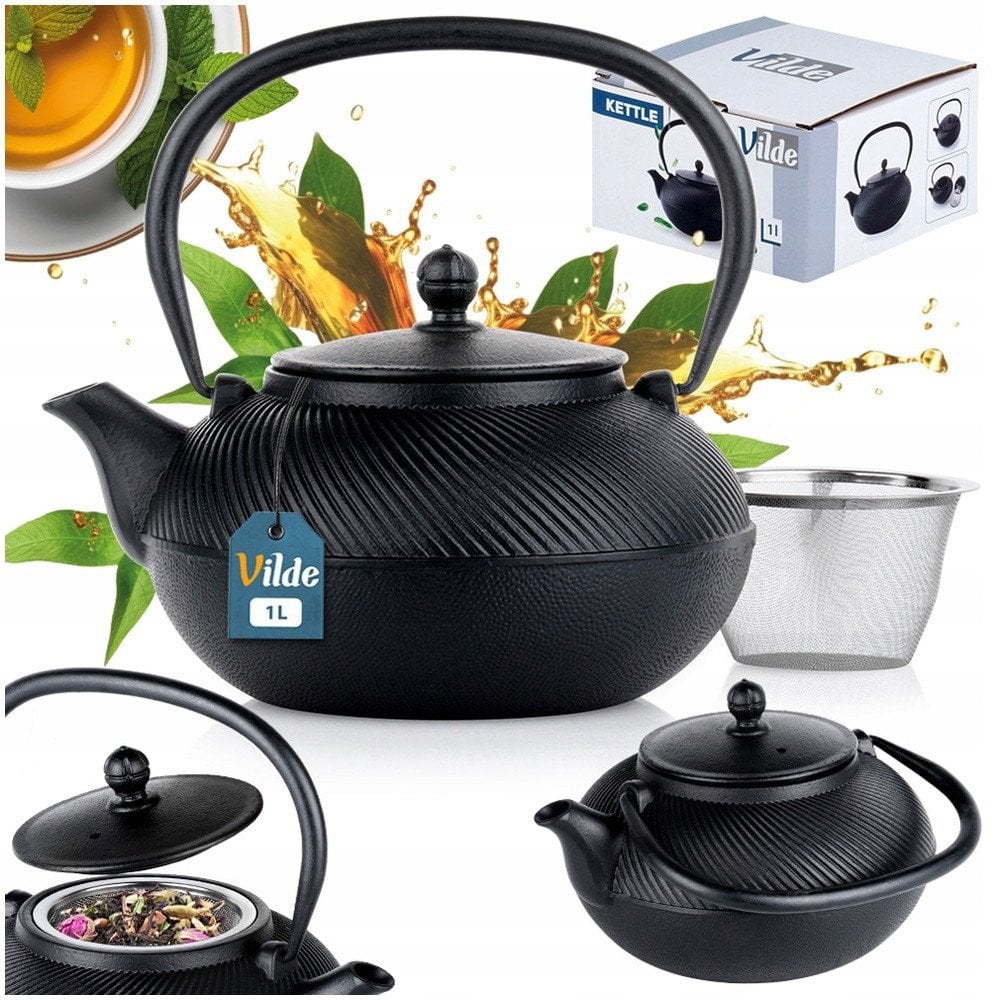 Czajnik do Herbaty Naparów z Zaparzaczem Żeliwny Emaliowany Czarny ORION 1l