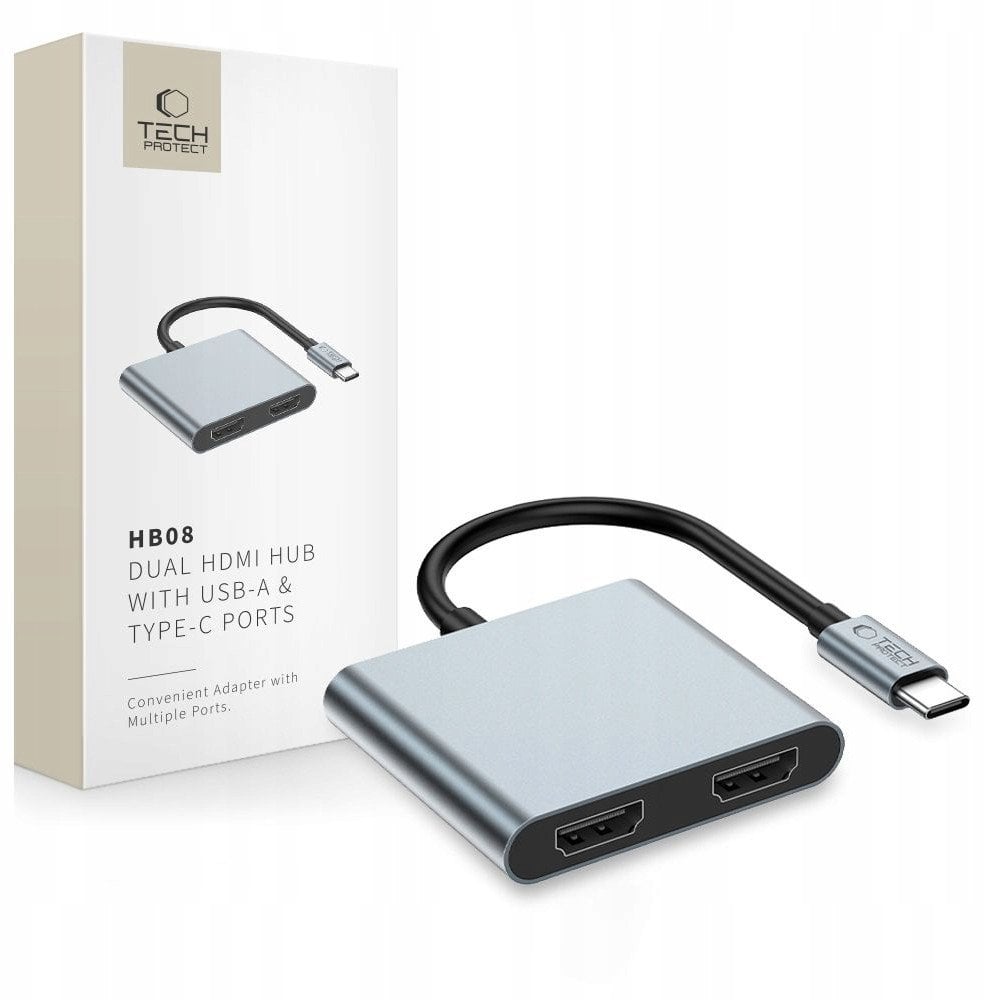 Adapter Tech-Protect HB08 HUB 4in1 USB-C, USB-A 2.0, 2xHDMI 4K 60Hz Space Grey