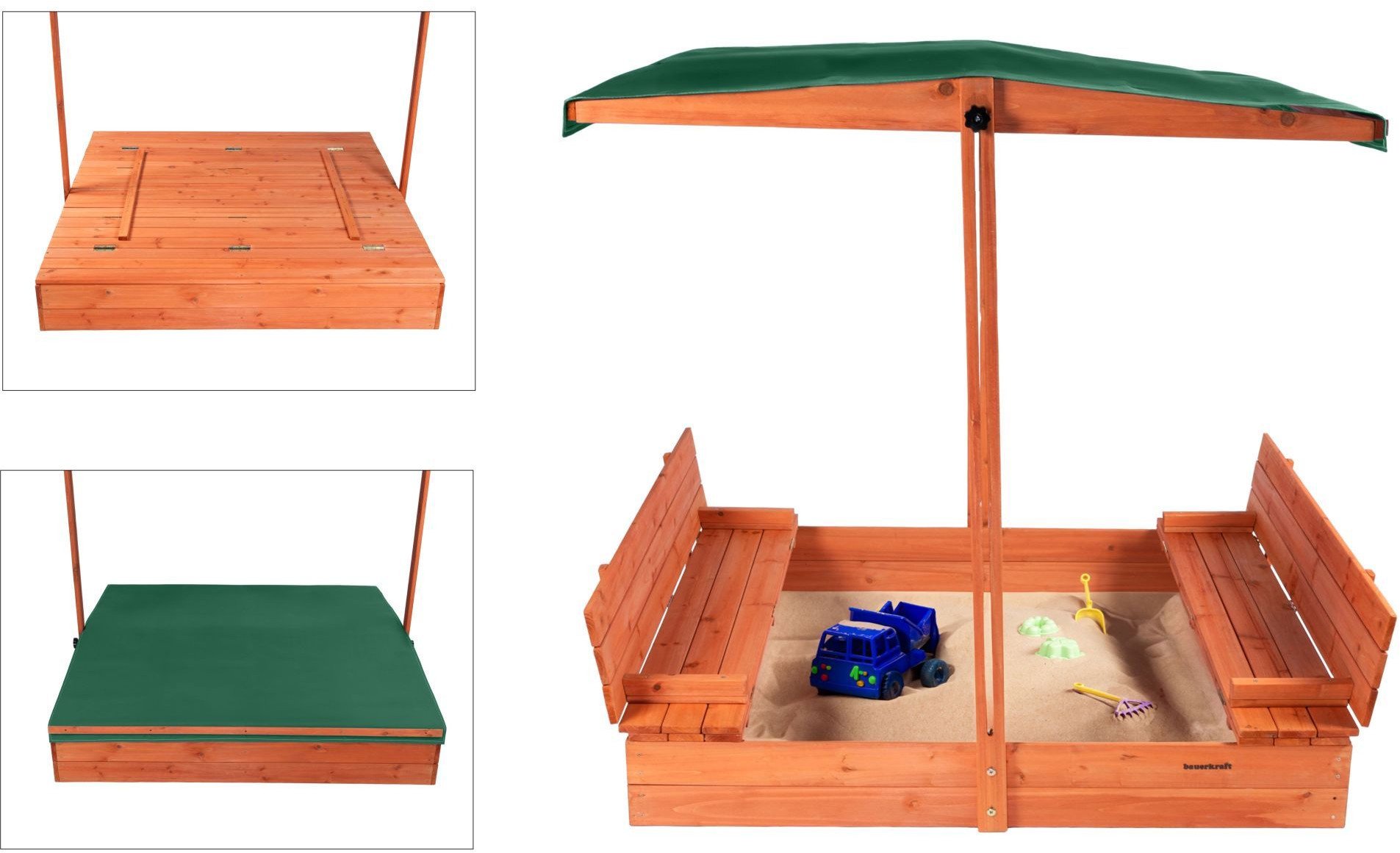 Bauerkraft Drewniana piaskownica ogrodowa z daszkiem zamykana z ławkami 120x120 ciemnozielona