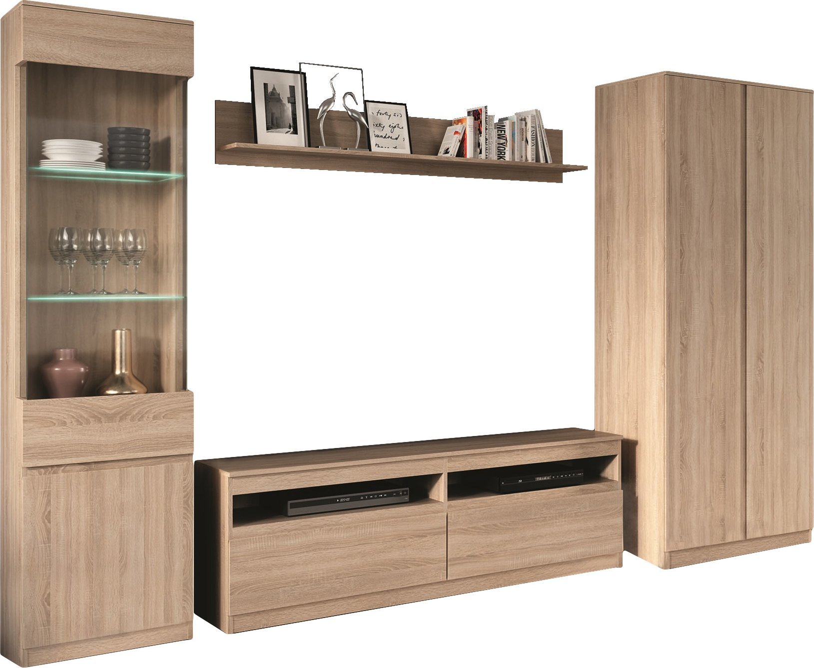 BogFran Meblościanka RTV z szafą witryną Zestaw mebli do salonu dąb Sonoma REMI IV