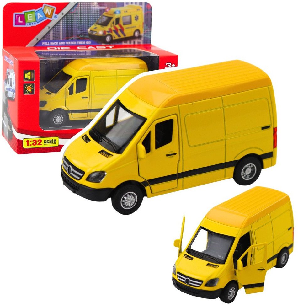 Samochód Dostawczy Metalowy Z Napędem Pull Back Światła Dźwięki Żółty 1:32