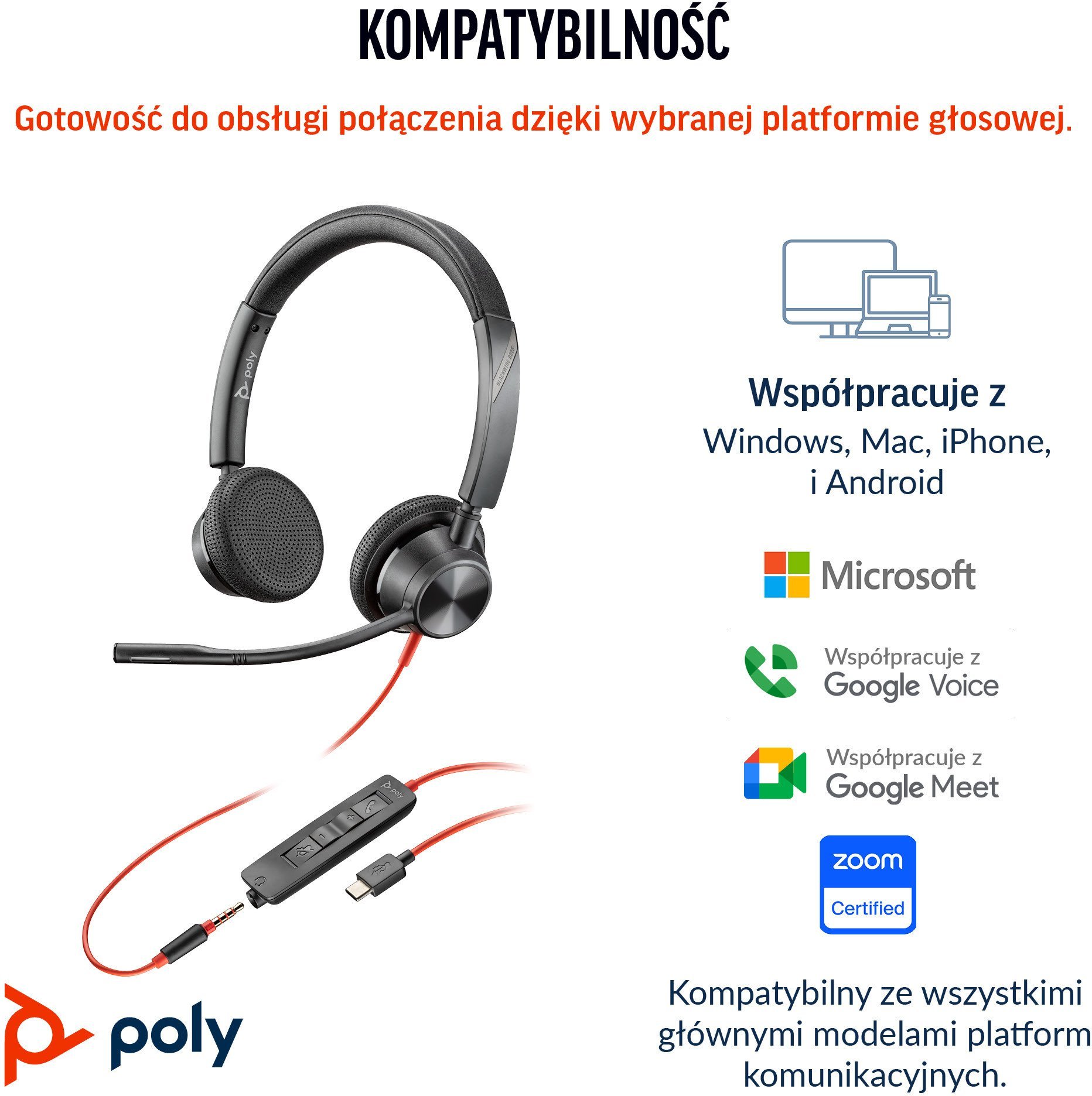 Słuchawki HP Blackwire 3325 Stereo Microsoft Teams Certified USB-C Headset +3.5mm Plug +USB-C/A Adapter