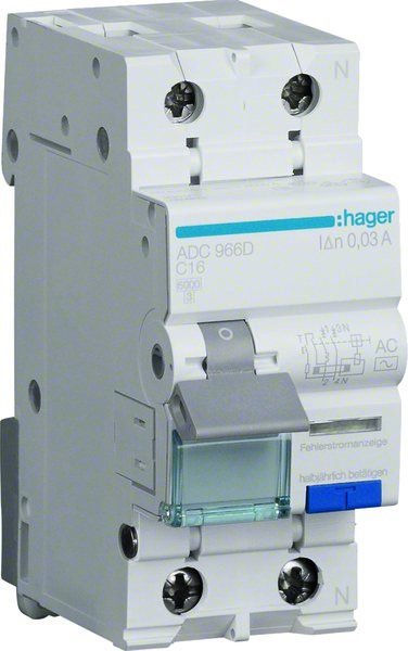 Hager Wyłącznik różnicowoprądowy z członem nadprądowym C/6KA, 16A, 30mA, 2 biegunowy, typ AC