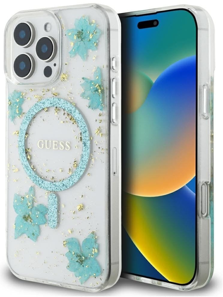 Etui Guess Resin Flowers Glitter MagSafe do Apple iPhone 16 Pro turkusowy