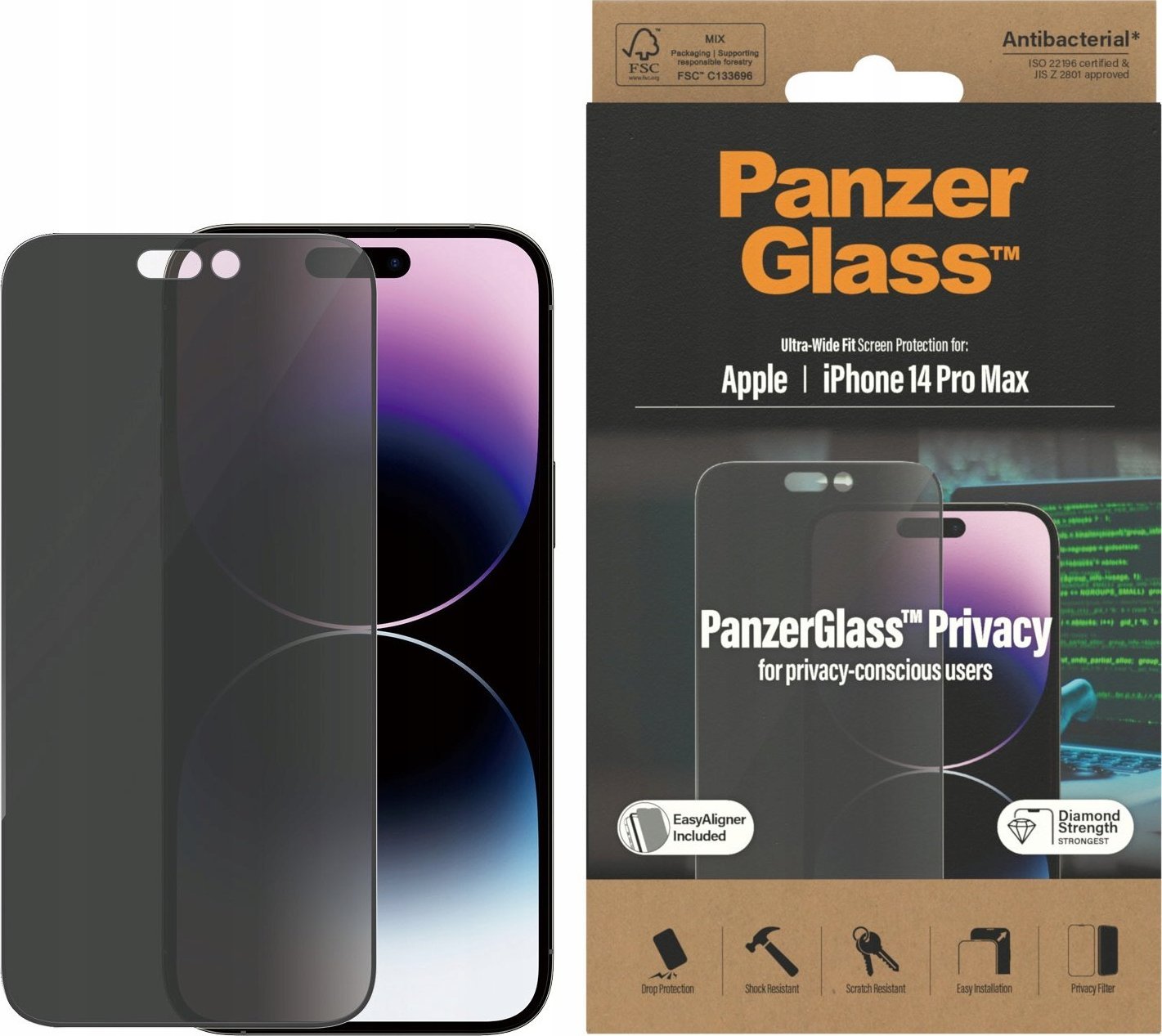 PanzerGlass PanzerGlass Ultra-Wide Fit iPhone 14 Pro Max 6,7" Privacy Screen Protection Antibacterial Easy Aligner Included P2786