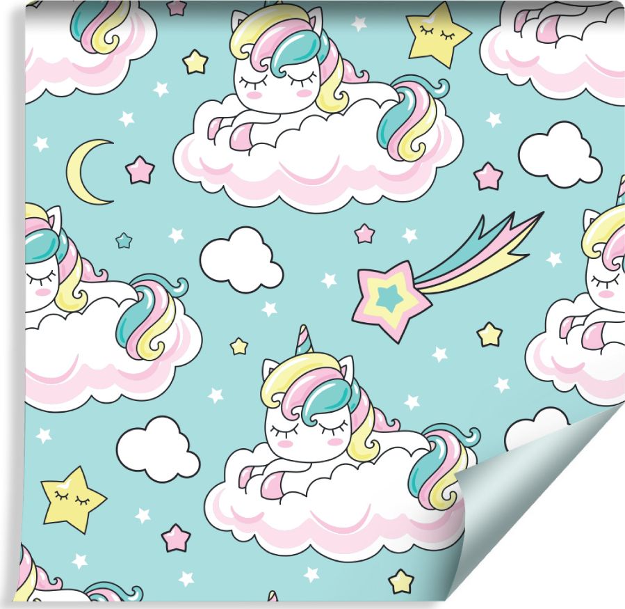 Muralo Tapeta Dla Dzieci - Śpiące Jednorożce i Spadające Gwiazdy
