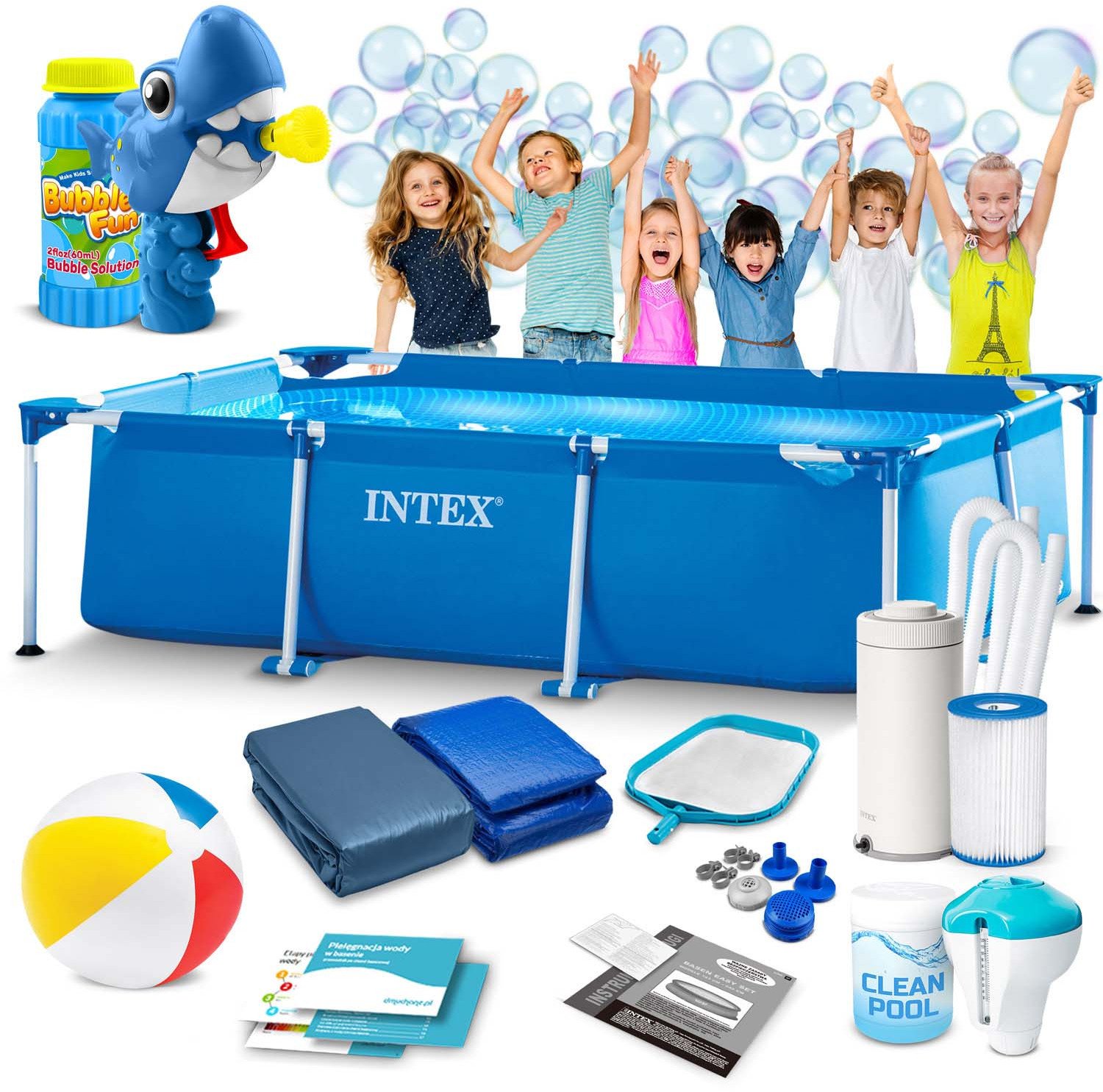 Basen ogrodowy stelażowy 300 x 200 x 75 cm 15w1 INTEX 28272 + maszynka do baniek GRATIS