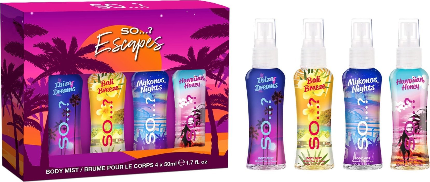 SO? Escapes! Zestaw prezentowy - Perfumowane Mgiełki do ciała 4 x 50 ml