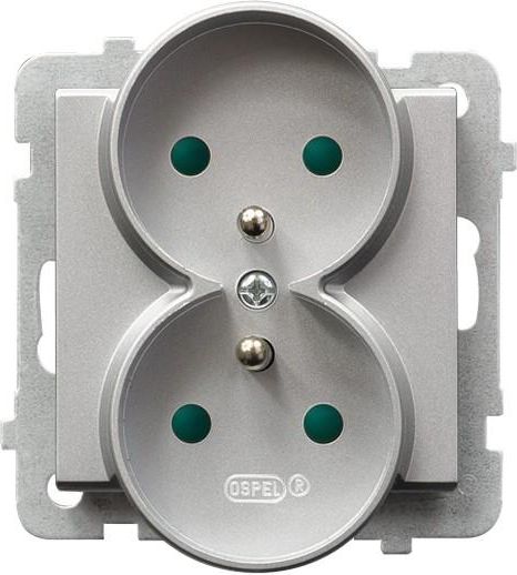 Ospel Gniazdo Sonata podwójne z uziemieniem i przesłonami srebrny mat (GP-2RRZP/m/38)