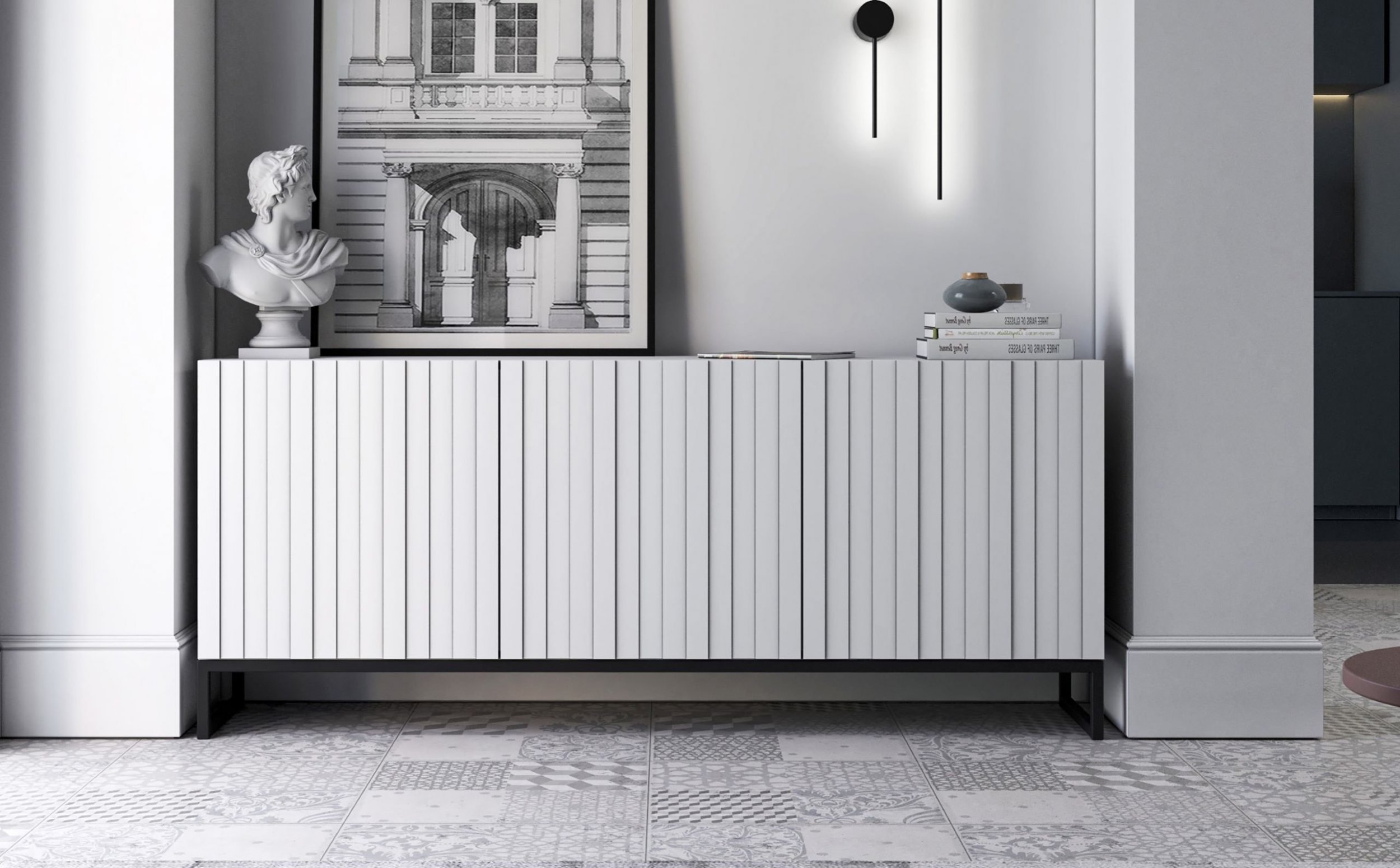 Meble Lindner Komoda RTV Industrialna Biały Mat Szafka RTV Glamour 168 cm Loft Ryflowane fronty