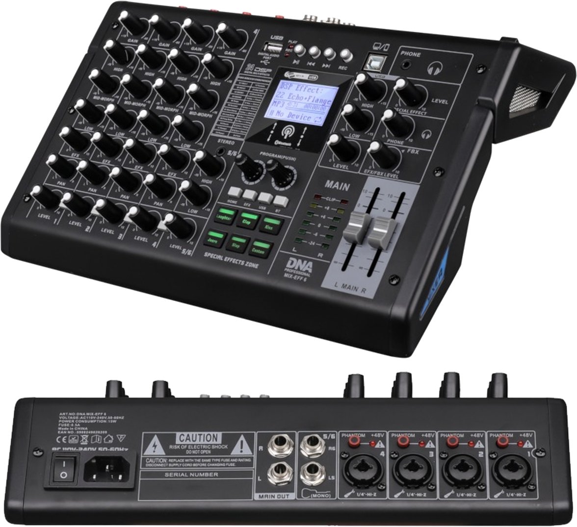 DNA MIX-EFF 6 analogowy mikser dźwięku 6 kanałów USB MP3 Bluetooth Phantom +48V DSP EQ