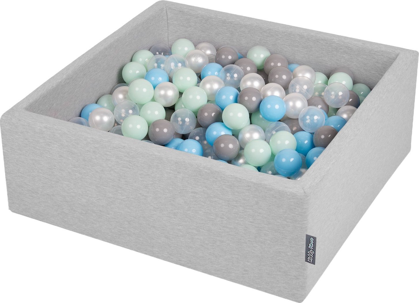KiddyMoon Suchy basen kwadratowy z piłeczkami 7cm jasnoszary: perła-szary-transparent-babyblue-mięta 90x30cm/300piłek Zabawka basen piankowy