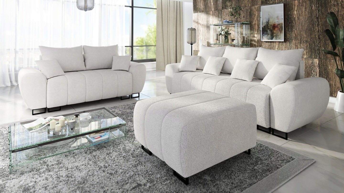 NOWOCZESNY WYGODNY KOMPLET WYPOCZYNKOWY LOFT RAGNAR 3 + 2 + PUFA