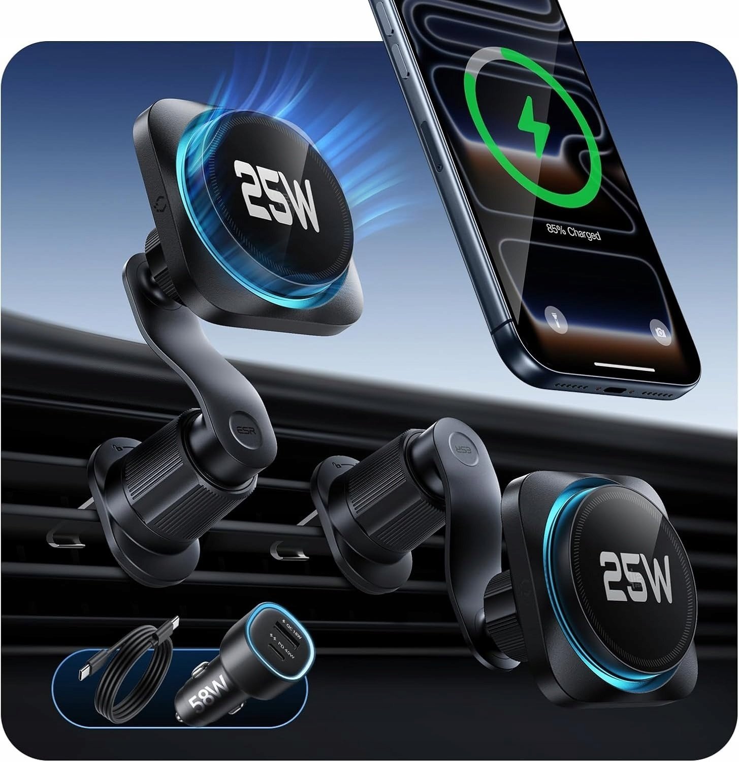 ESR OMNILOCK CRYOBOOST MAGNETIC MAGSAFE VENT CAR MOUNT WIRLESSS CHARGER QI2.2 25W BLACK