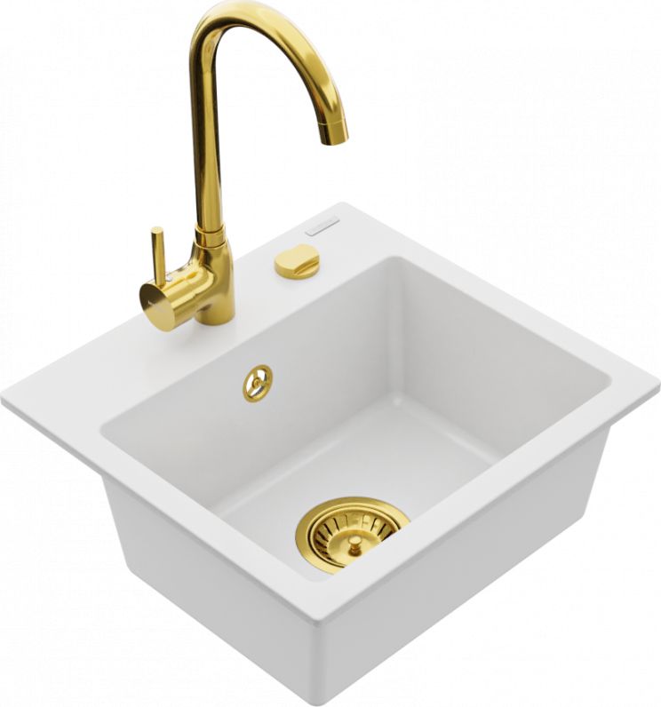 Zlewozmywak Mexen Mexen Milo zlewozmywak granitowy 1-komorowy z baterią kuchenną Telma, biały - 6505-20-670200-50