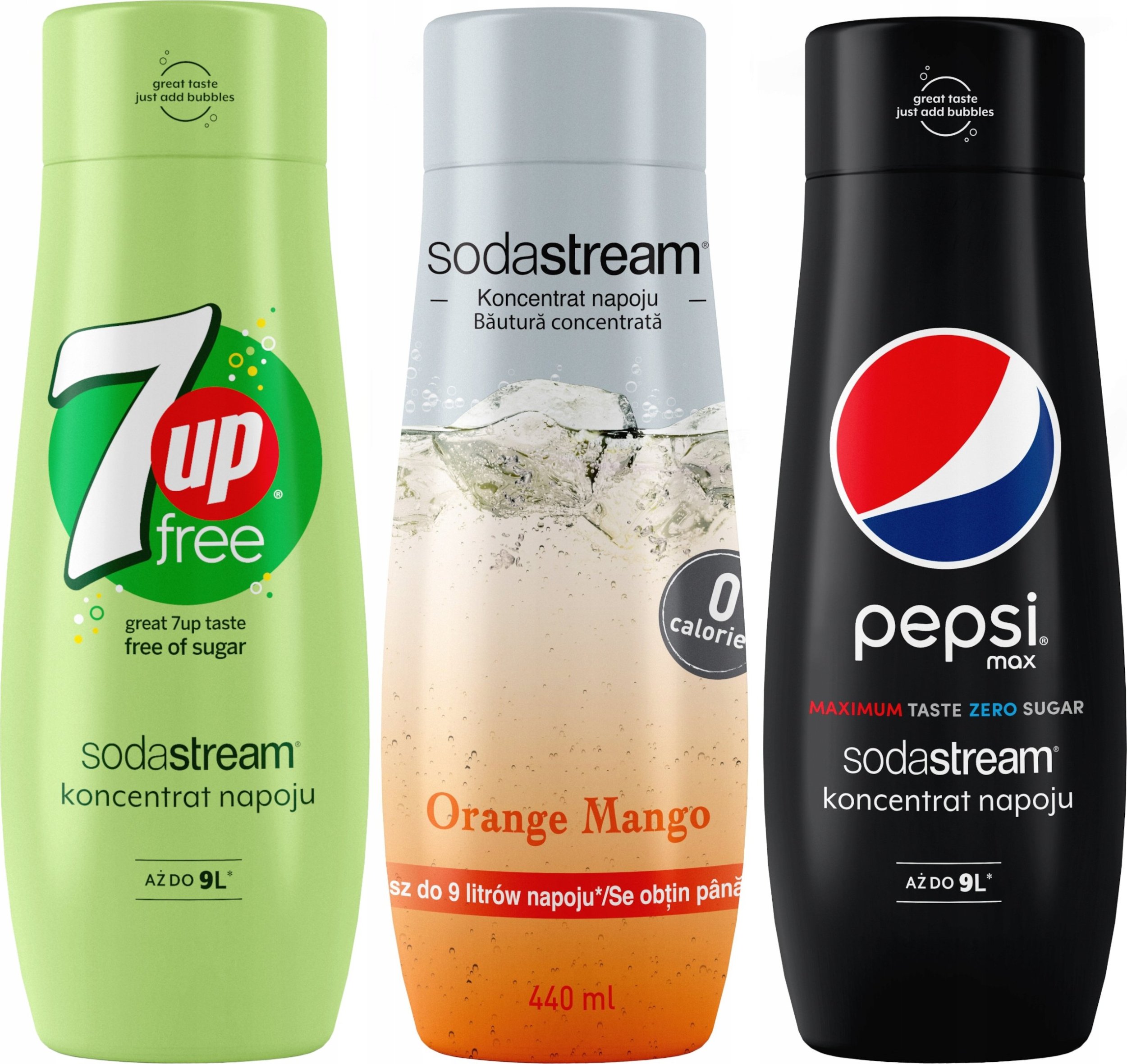 Zestaw 3 koncentratów SodaStream 7UpFREE+Orange-Mango+PepsiMax