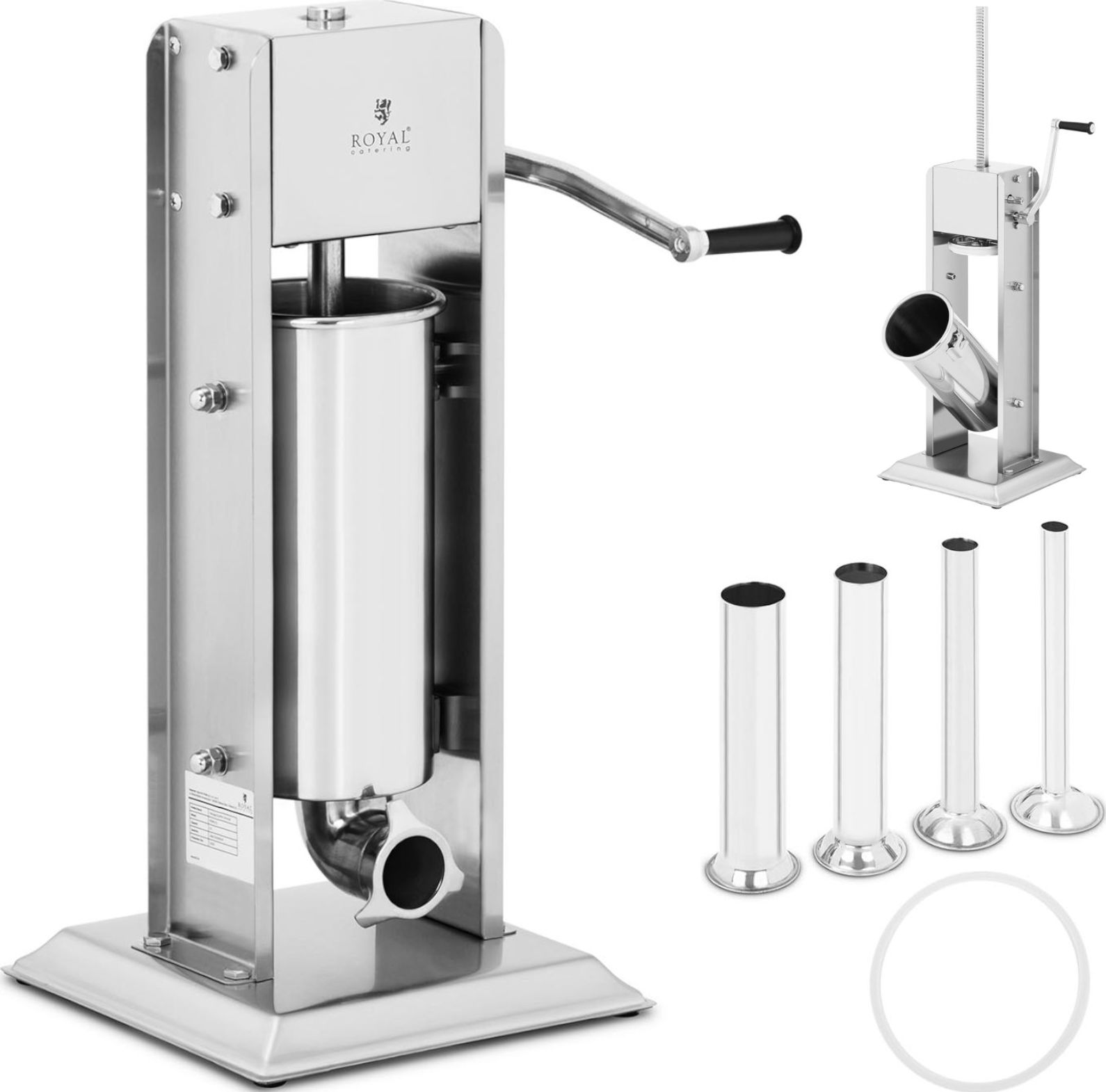 Royal Catering Nadziewarka napełniacz szpryca do kiełbas pionowa ręczna 5 l + 4 lejki Nadziewarka napełniacz szpryca do kiełbas pionowa ręczna 5 l + 4