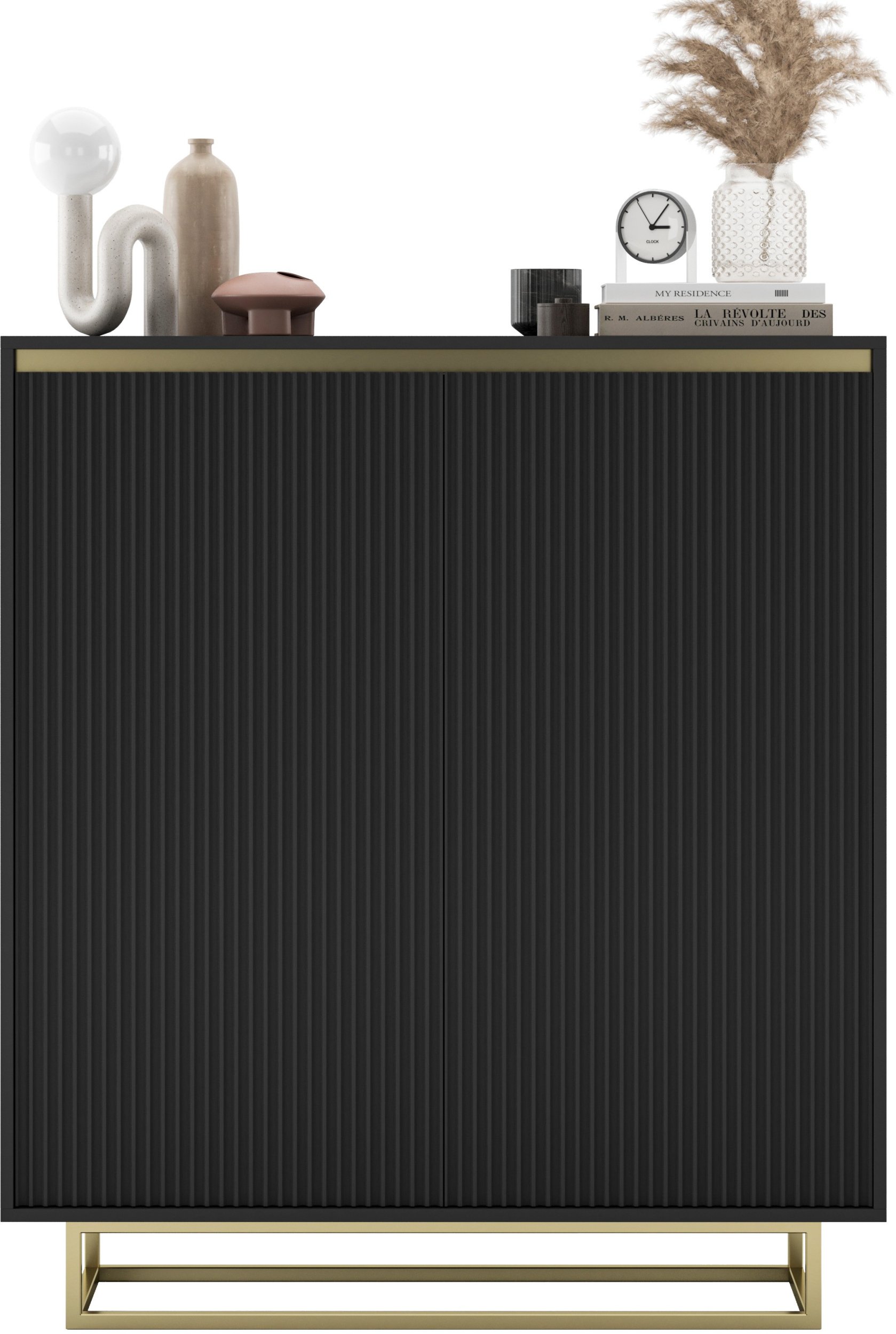 Komoda RTV SELENE Glamour Czarny Mat Ryflowane fronty metalowa rama 110,8 cm