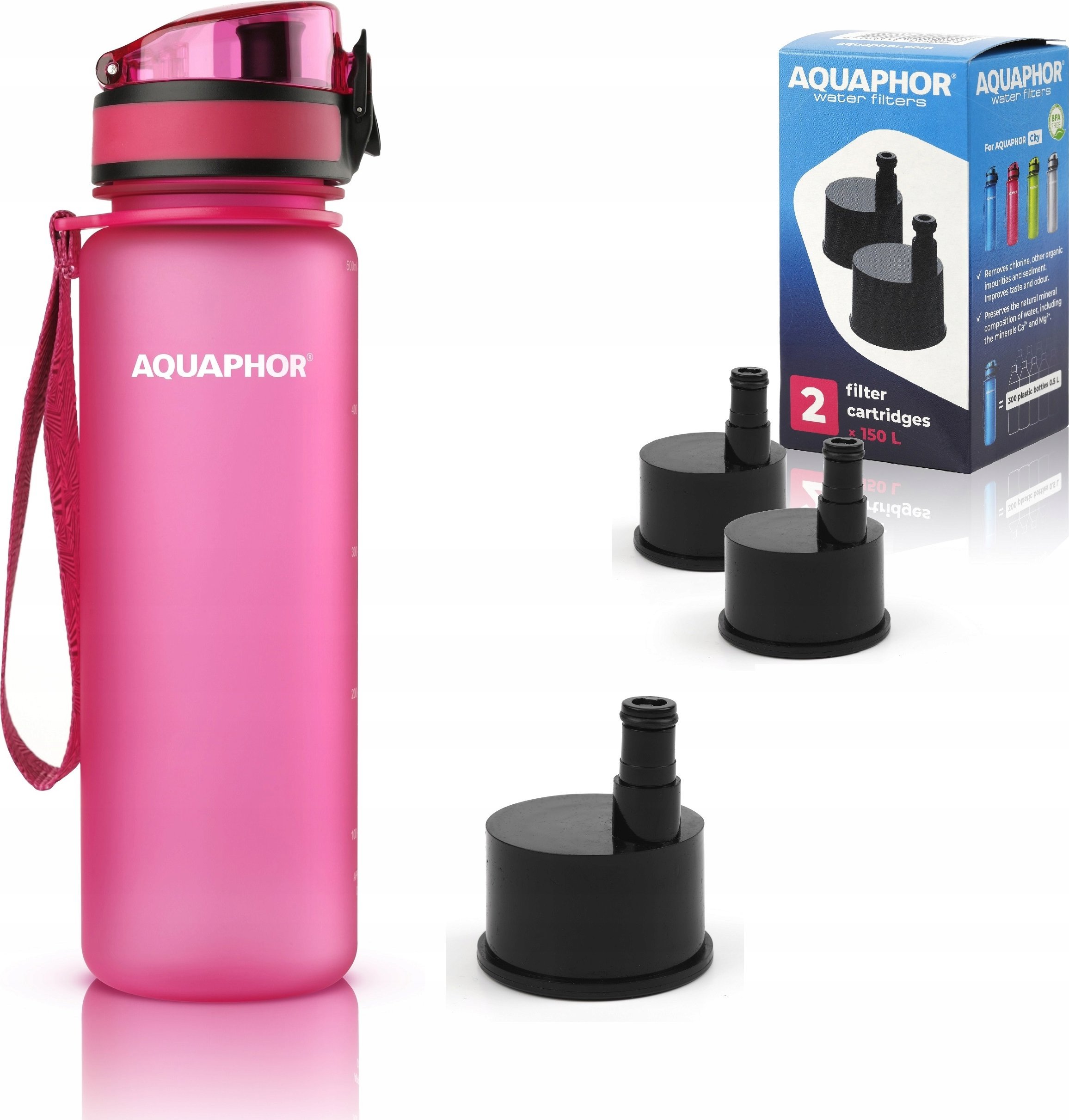 Butelka filtrująca Aquaphor City 500 ml + 3 filtry, różowa