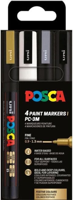POSCA PC-3M 4stk (Guld,Hvid,Sølv,Sort)