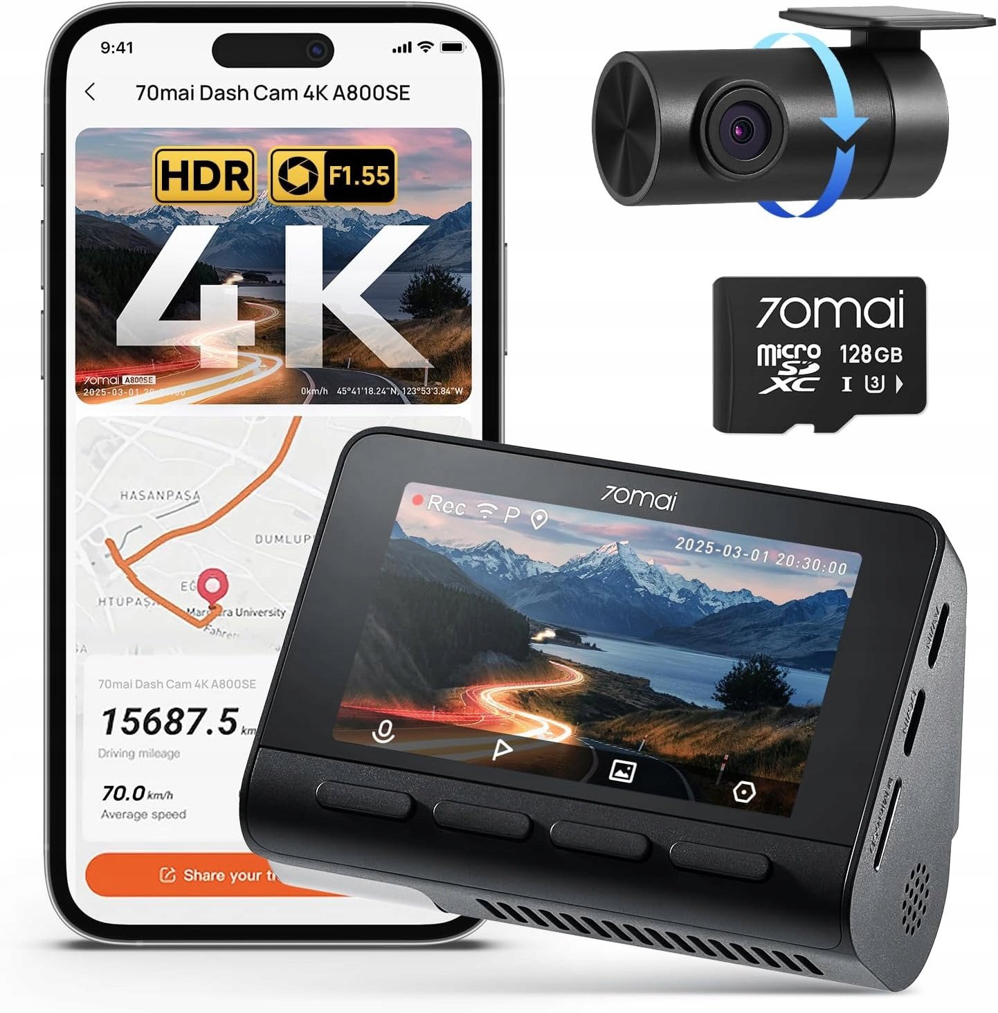 Wideorejestrator 70mai Kamera samochodowa 4K 2160p z GPS WiFi SD 128 GB 24/7