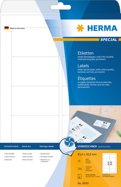 Herma Etykiety InkPrint 8840, A4, 83,8 x 50,8 mm, papier biały matowy, 250 szt., zaokrąglone narożniki (8840)