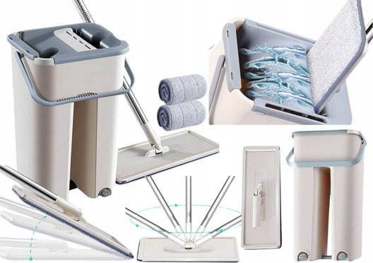 LeanToys Mop Płaski Wyciskany Z Wiadrem Dwukomorowym 2 Wkłady Z Mikrofibry LEAN Toys