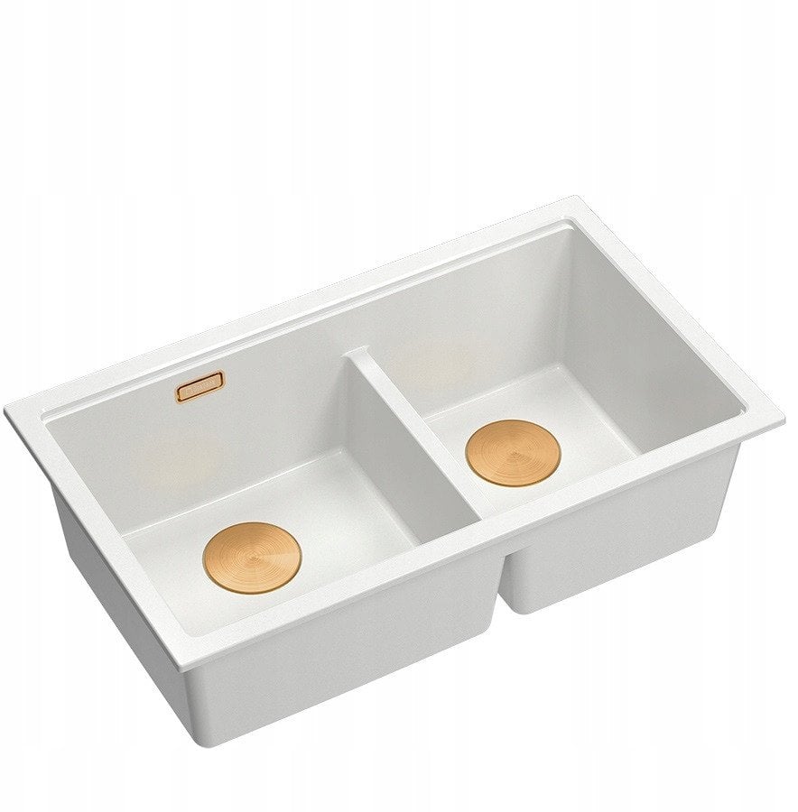 QUADRON | LOGAN 120 | granitowy zlewozmywak kuchenny SNOW WHITE + MIEDŹ PVD | wymiar: 76 x 45 x 23,5 cm | 2-komorowy wpuszczany | podbudowa szafki od: