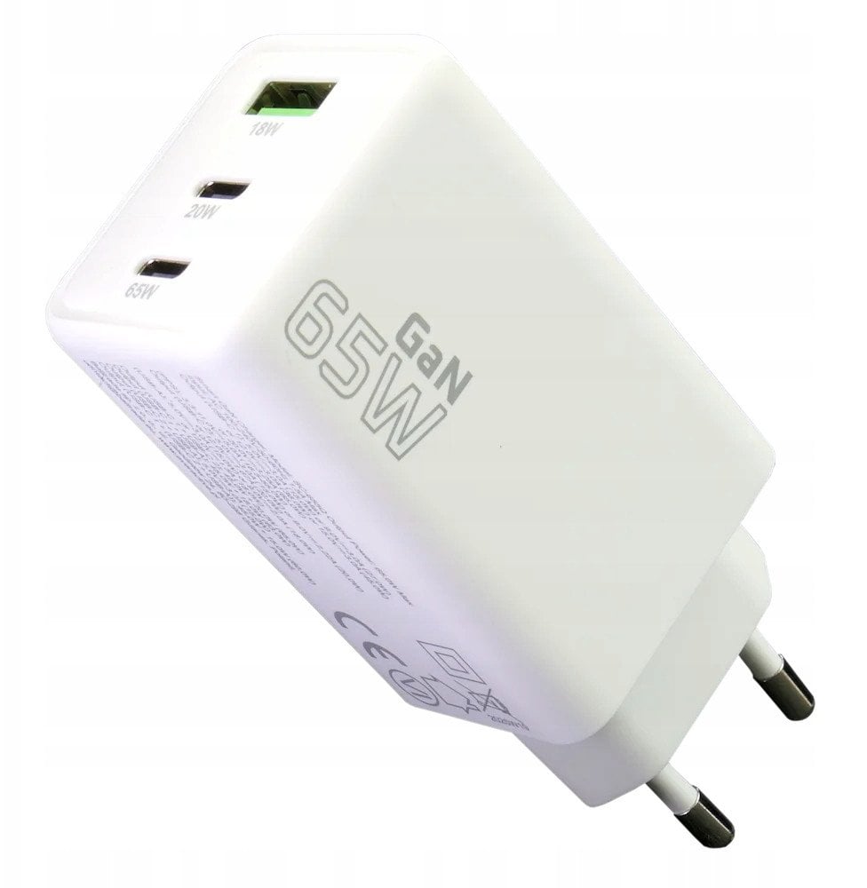 Ładowarka sieciowa GaN 1 x USB, 2 x USB-C Quick Charge 4+ 65W biała