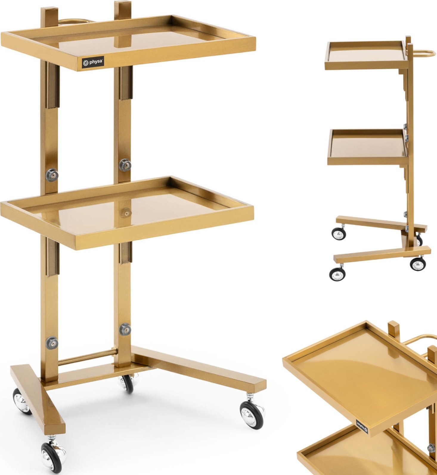 Physa Wózek pomocnik kosmetyczny fryzjerski metalowy 2 półki 40 x 86 x 50 cm - złoty Wózek pomocnik kosmetyczny fryzjerski metalowy 2 półki 40 x 86 x