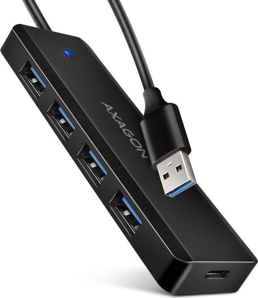 HUB USB Axagon HUE-C1A 4-portowy hub USB 5Gbps Travel, USB-C power IN, kabel Type-A 19cm, USB-C dodatkowe zasilanie