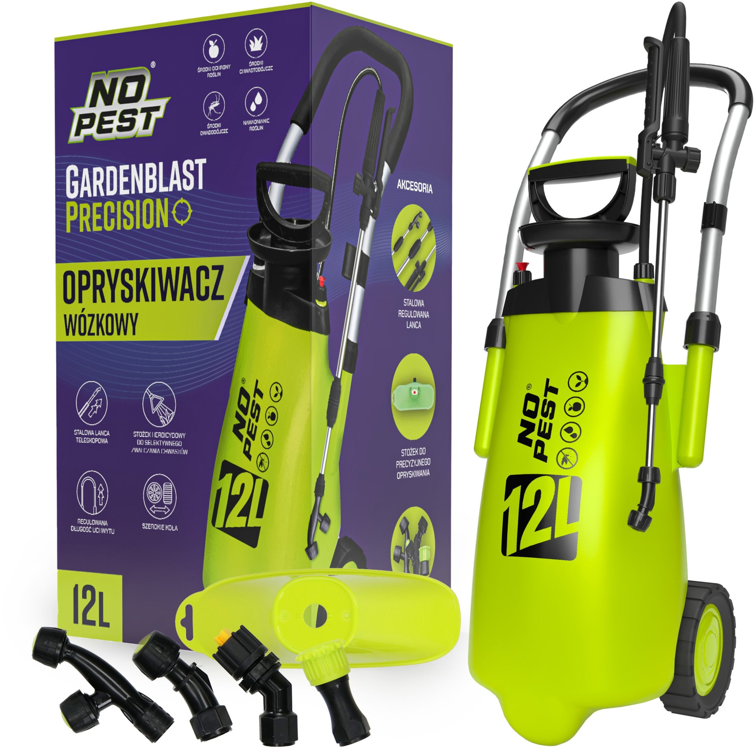 Opryskiwacz Wózkowy na Kółkach 12L z Wymiennymi Dyszami i Regulowaną Lancą Spryskiwacz do Oprysków "Gardenblast Precision"