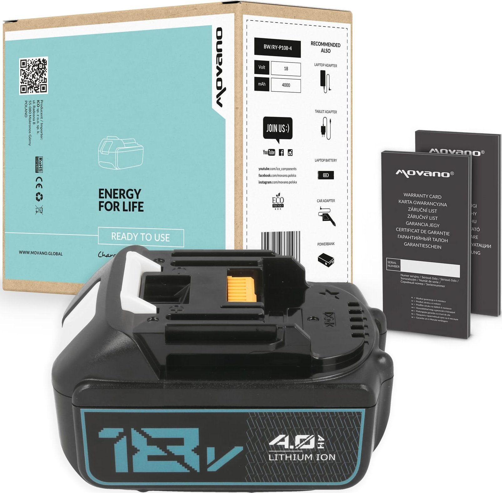 Bateria Movano do Makita BL1830, BL1850 (4000 mAh)