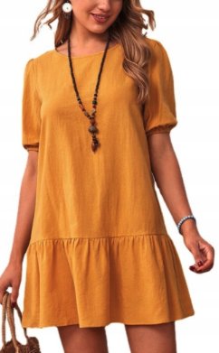 Mini sukienka damska z krótkim rękawem i okrągłym dekoltem.