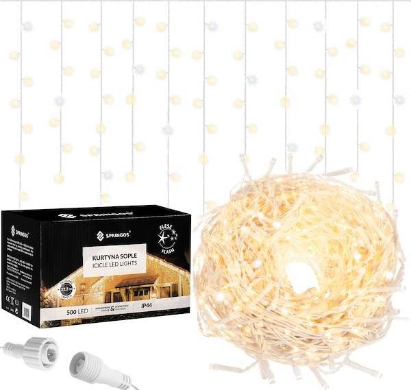 Springos Kurtyna świetlna 500 led girlanda, lampki wewnętrzno-zewnętrzne sople ciepły biały z zimnym białym flash UNIWERSALNY
