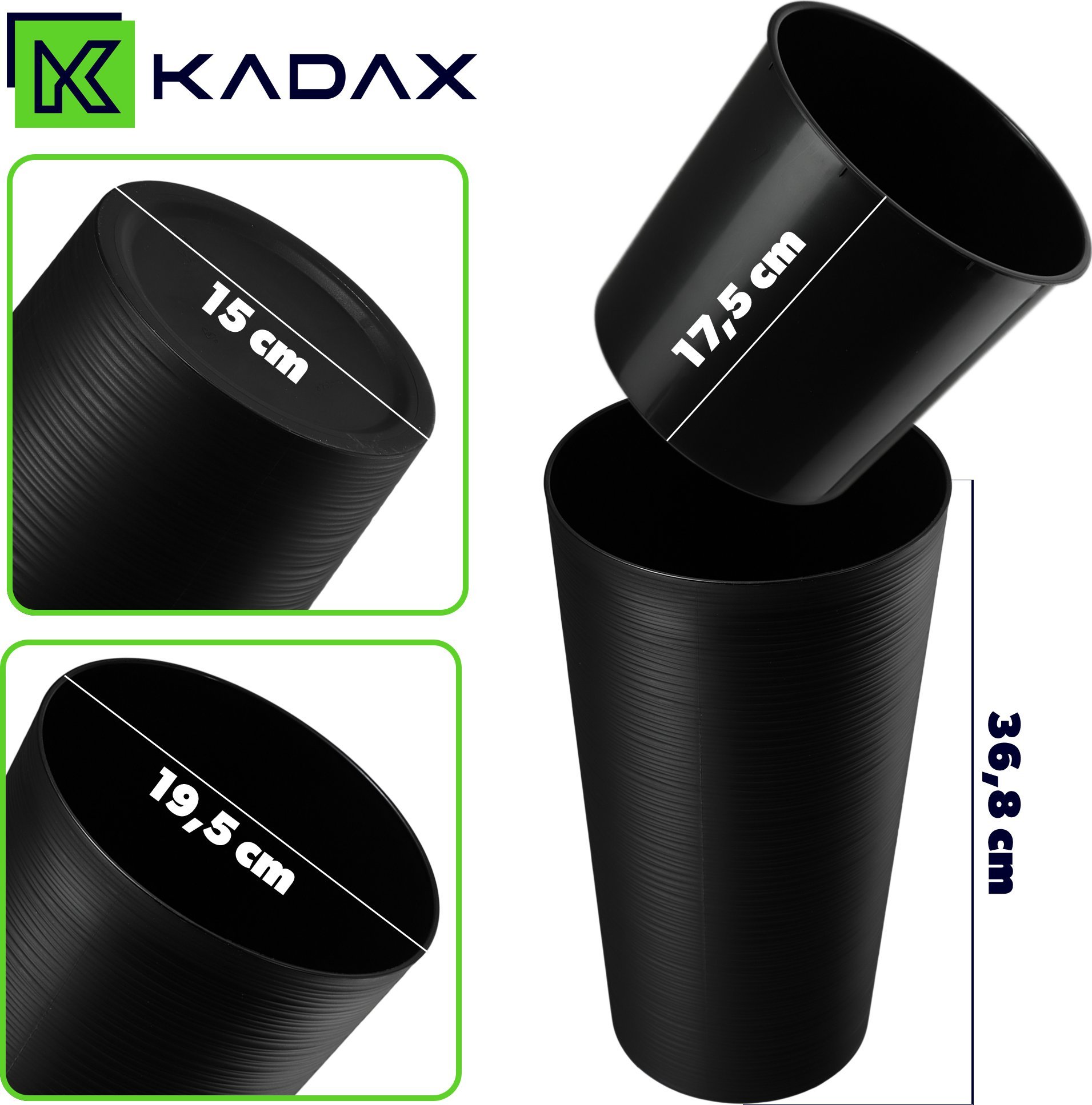 KADAX Doniczka Donica Na Kwiaty 36cm Osłonka Z Wkładem Kwietnik Plastikowa Czarna