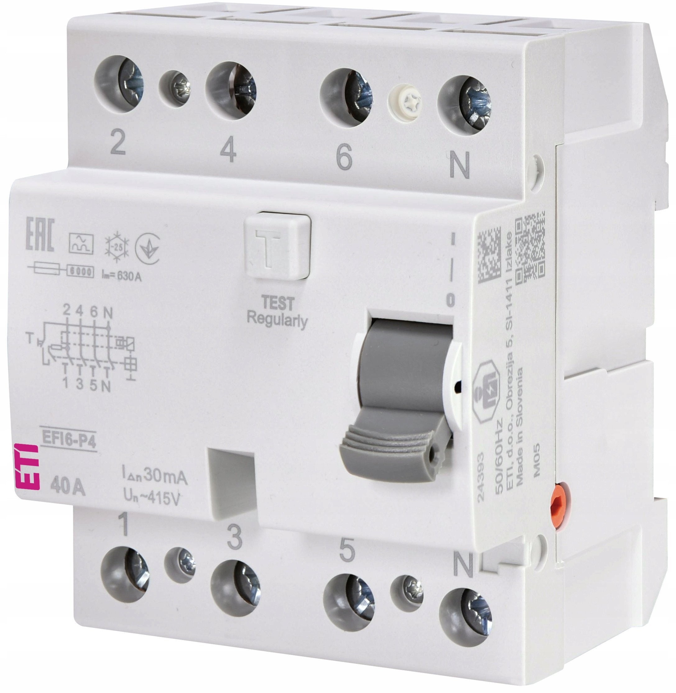 Wyłącznik różnicowoprądowy ETI Polam EFI6-P4 002061662 3faz. 40A 30MA typA 415V 50/60HZ IP20 TH35