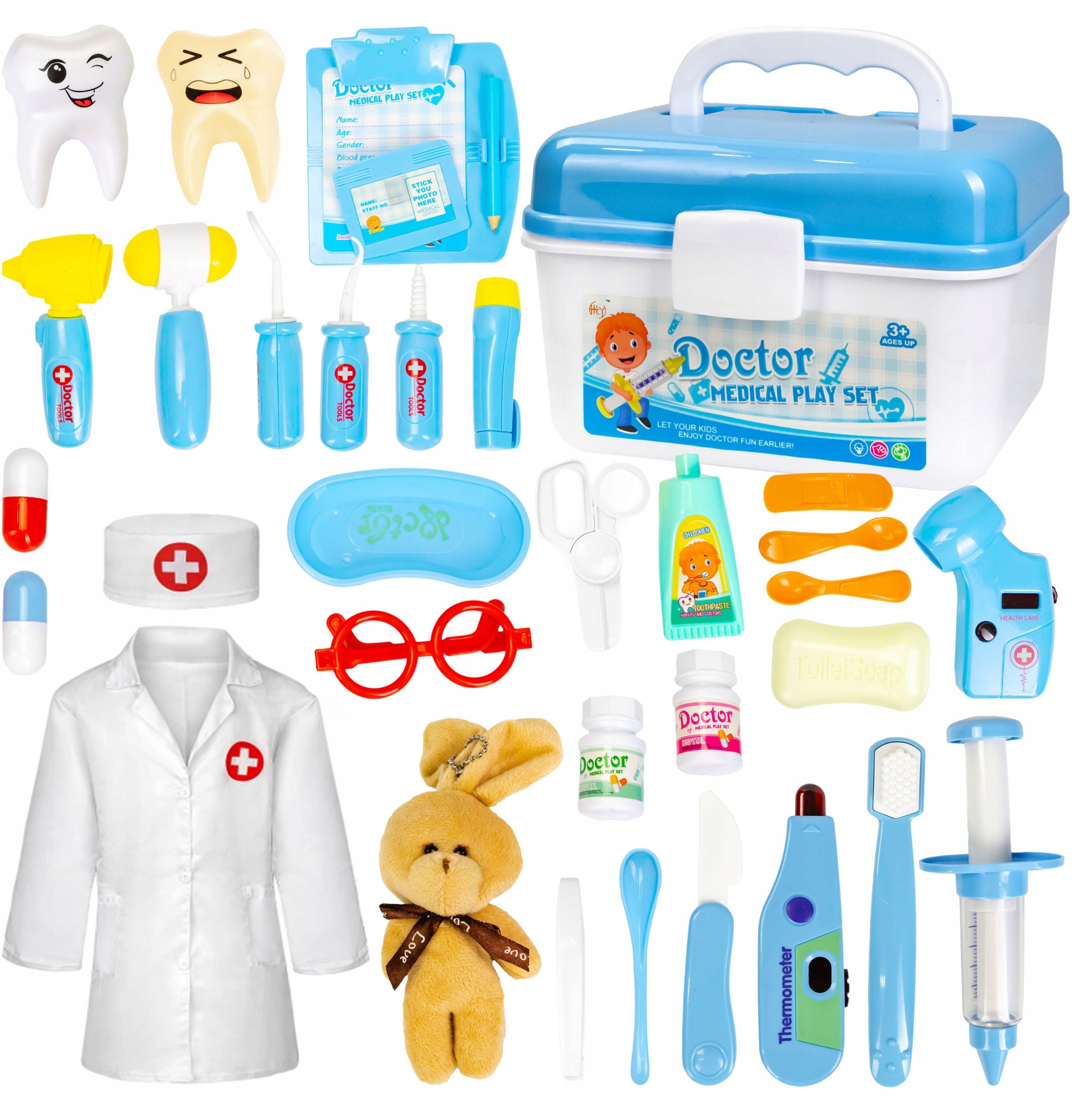 Zestaw Małego Lekarza Dentysty Dla Dzieci Stetoskop Króliczek + Kuferek