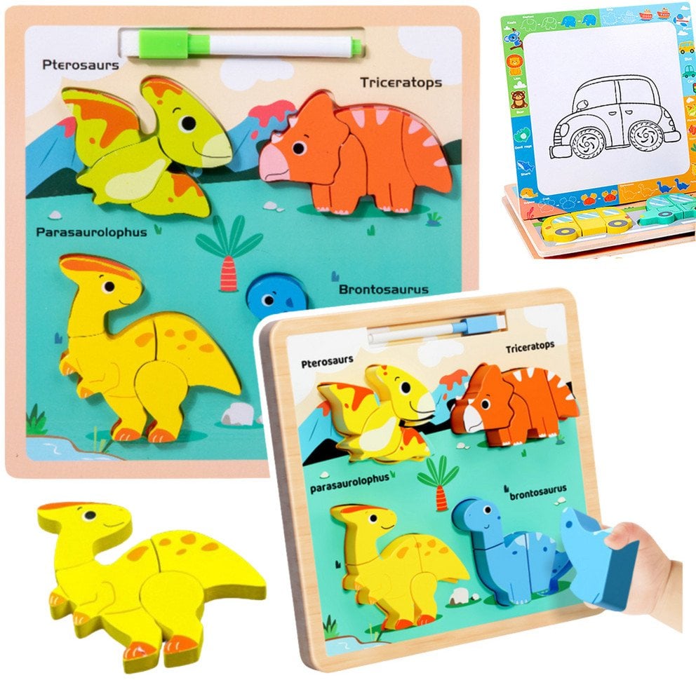 Układanka Tablica 2w1 Drewniana Edukacyjna Dinozaury Pisak