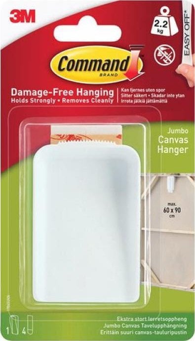 3M Command ekstra stort lærredsophæng, hvid, 1 ophæng + 4 strip