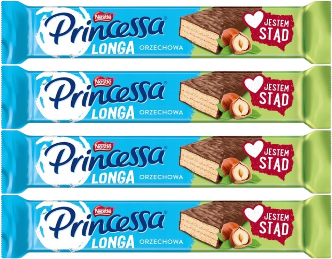 Princessa Longa Wafel przekładany kremem orzechowym oblany mleczną czekoladą 40 g x 4 sztuk