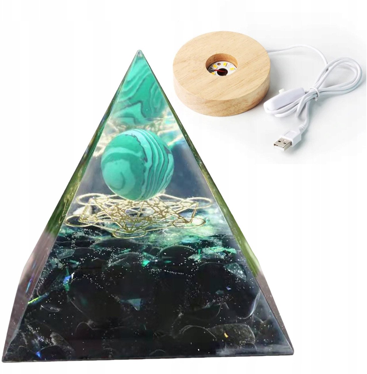 Piramida ORGONIT +LED Lampka PODSTAWA 5cm KRYSZTAŁ KAMIENIE AMULET 5cm HX16