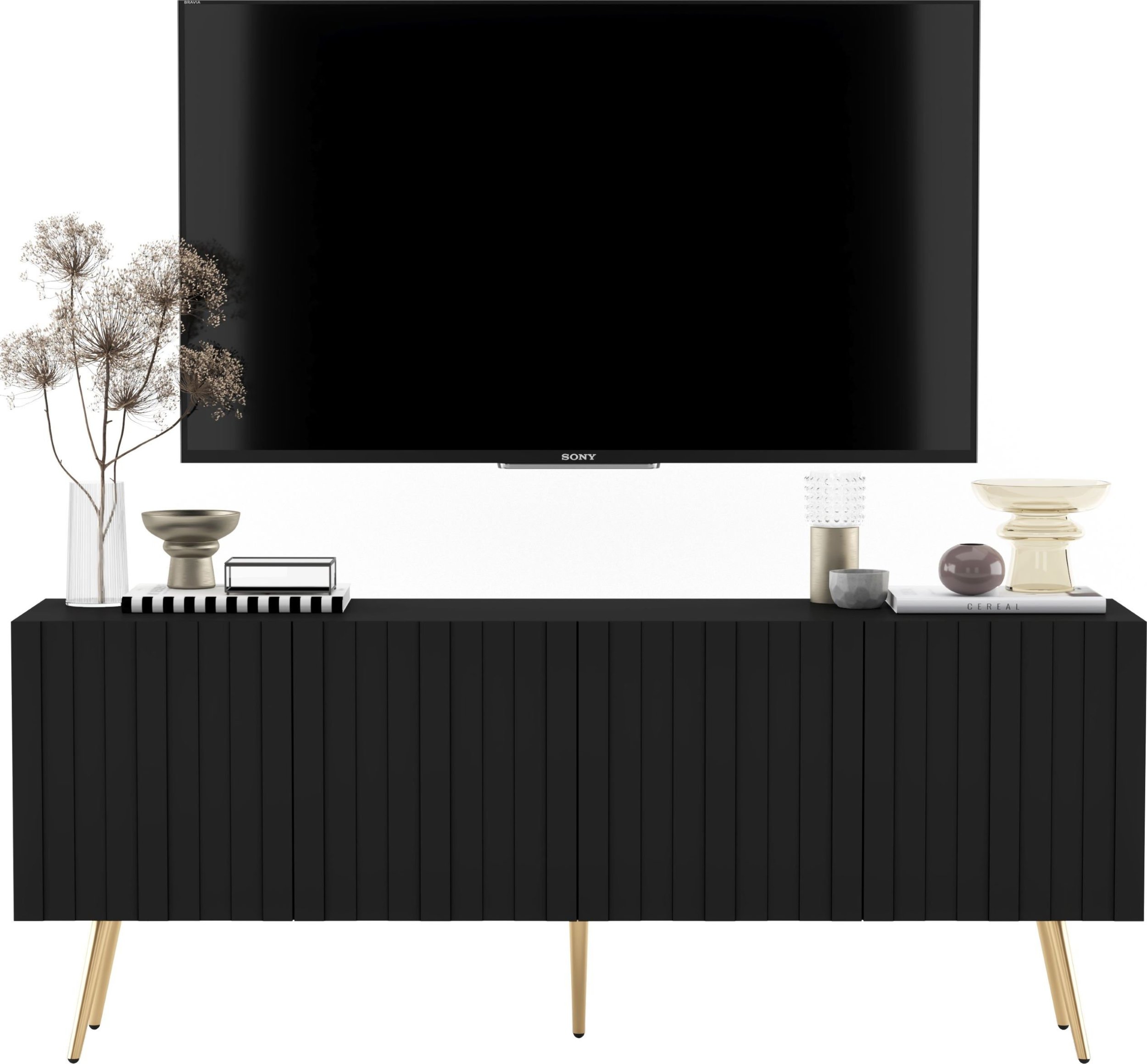 Meble Lindner Meble Lindner Komoda RTV Glamour Szafka RTV Glamour Czarna 150 cm Ryflowane fronty Nogi Złote Metalowe